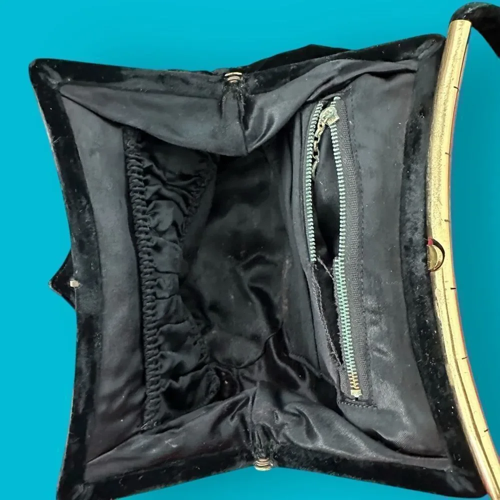 Vintage Velvet Handbag Black Silk Gold Pentagon Box Purse Art Deco